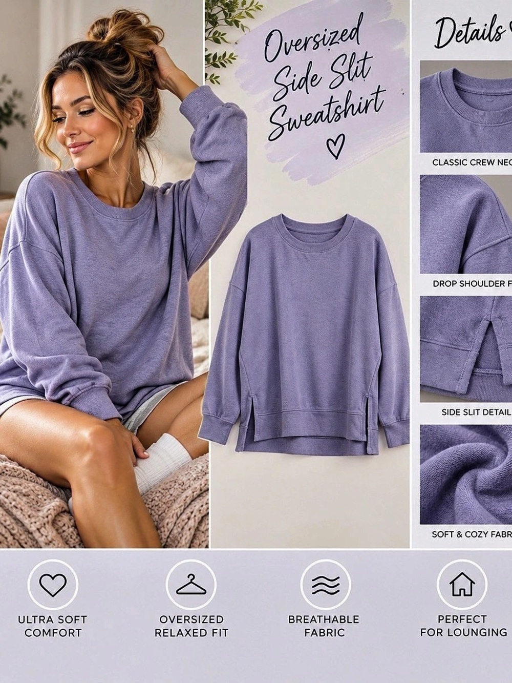 Oversized Side Slit Sweatshirt in Purple Like New